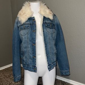 Blue Jean Winter Coat, Faux Fur Neck, Cotton Interior, Size Medium